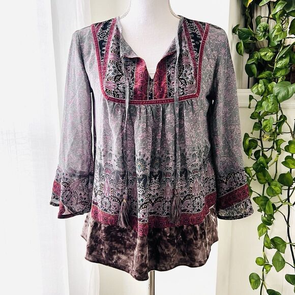 Knox Rose Gray & Red Billowy Chiffon Boho Blouse w/ Velvety Trim XS Cottagecore - Picture 1 of 8